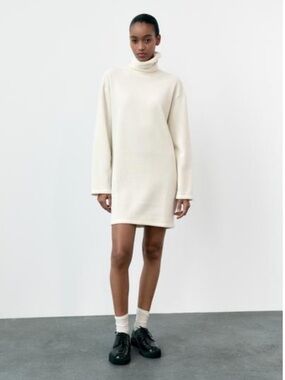 Zara Cream Turtleneck Knit Sweater DressNWT Size L Oversized Neutral Minimalist